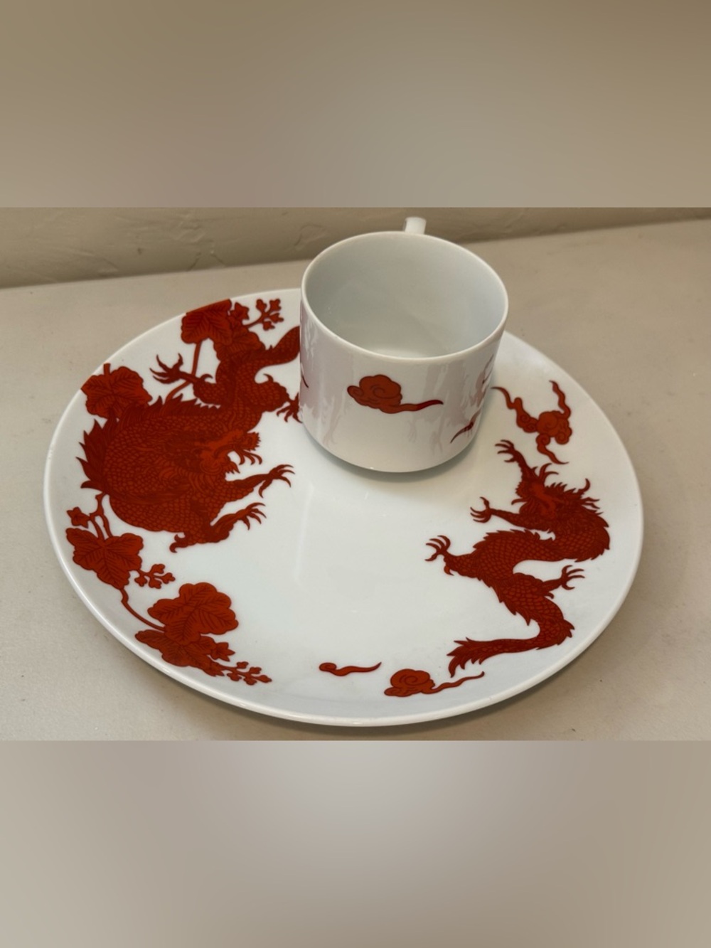 Vintage 1975 Fitz & Floyd Temple Dragon Red Dinner Plate & Cup Japan  Fine China